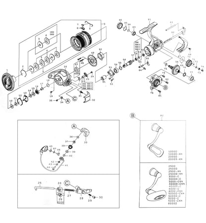 Detailed fishing reel parts diagram with labeled components, exploded view for repair or assembly