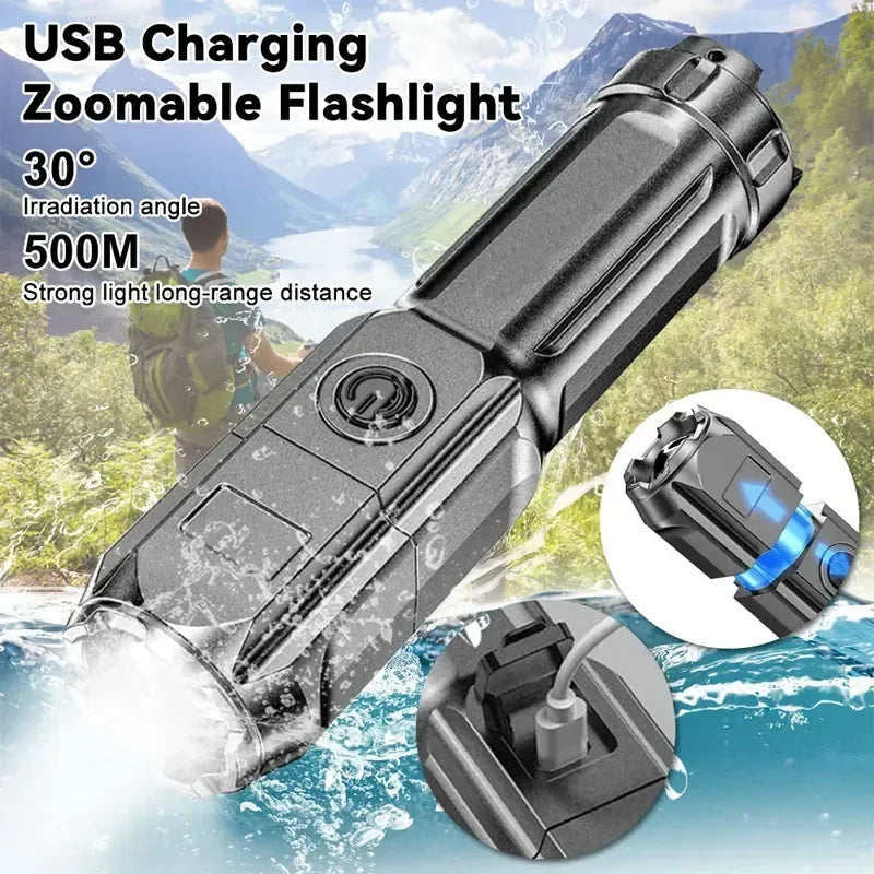 USB Rechargeable Waterproof LED Flashlight for Outdoor Use