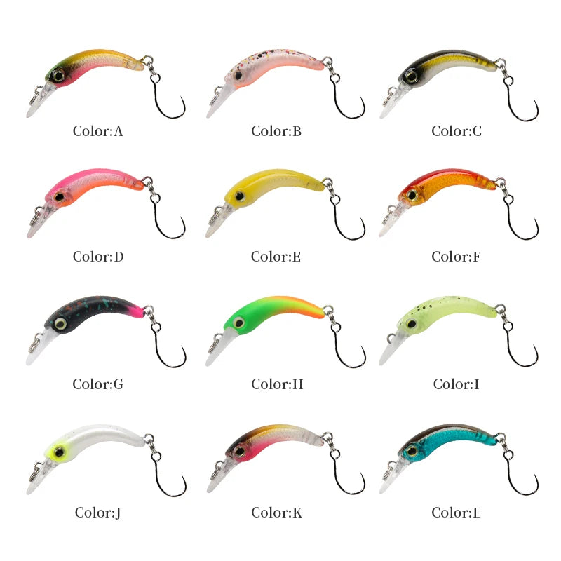 Assorted colorful fishing lures with hooks in twelve styles for outdoor fishing gear.