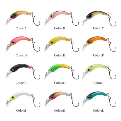 Assorted colorful fishing lures with hooks in twelve styles for outdoor fishing gear.