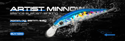 Artist Minnow sinking fishing lure with blue and silver body in water, outdoor gear.