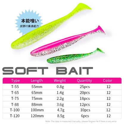 Assorted soft bait fishing lures in green, pink, and yellow with glitter and size chart.