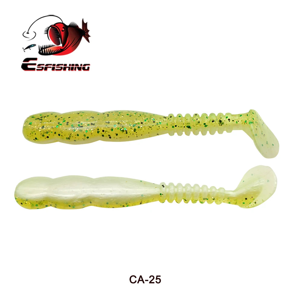 Two soft plastic fishing lures, yellow with green glitter, paddle tail design, labeled CA-25.