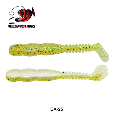 Two soft plastic fishing lures, yellow with green glitter, paddle tail design, labeled CA-25.