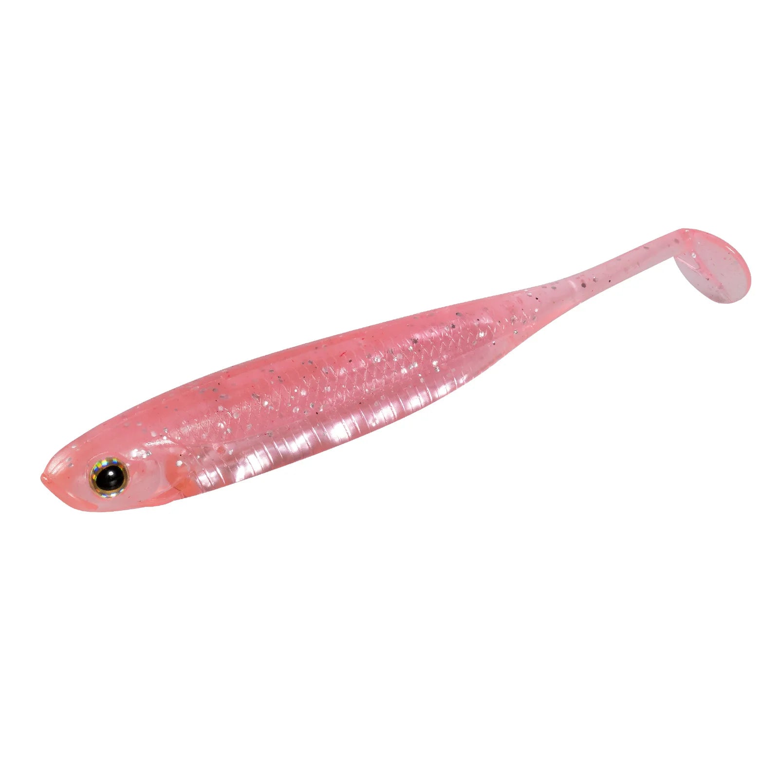 Pink soft plastic fishing lure with paddle tail and glitter accents on white background
