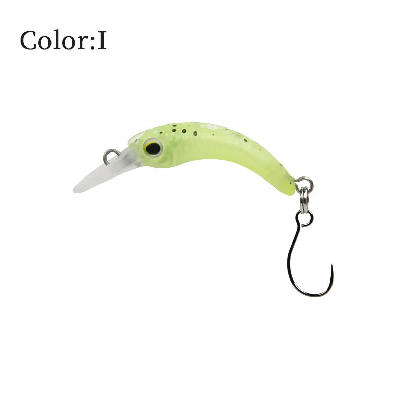 Curved green fishing lure with single hook and diving lip, labeled color I, on white background.