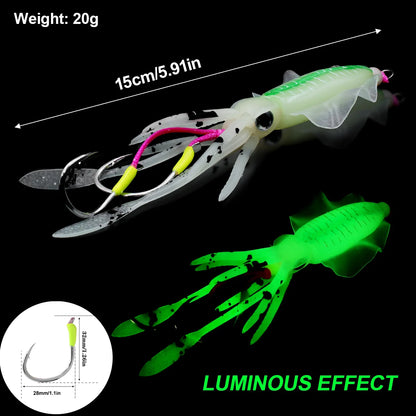 Luminous Squid Lures with Double Assist Hooks for Fishing