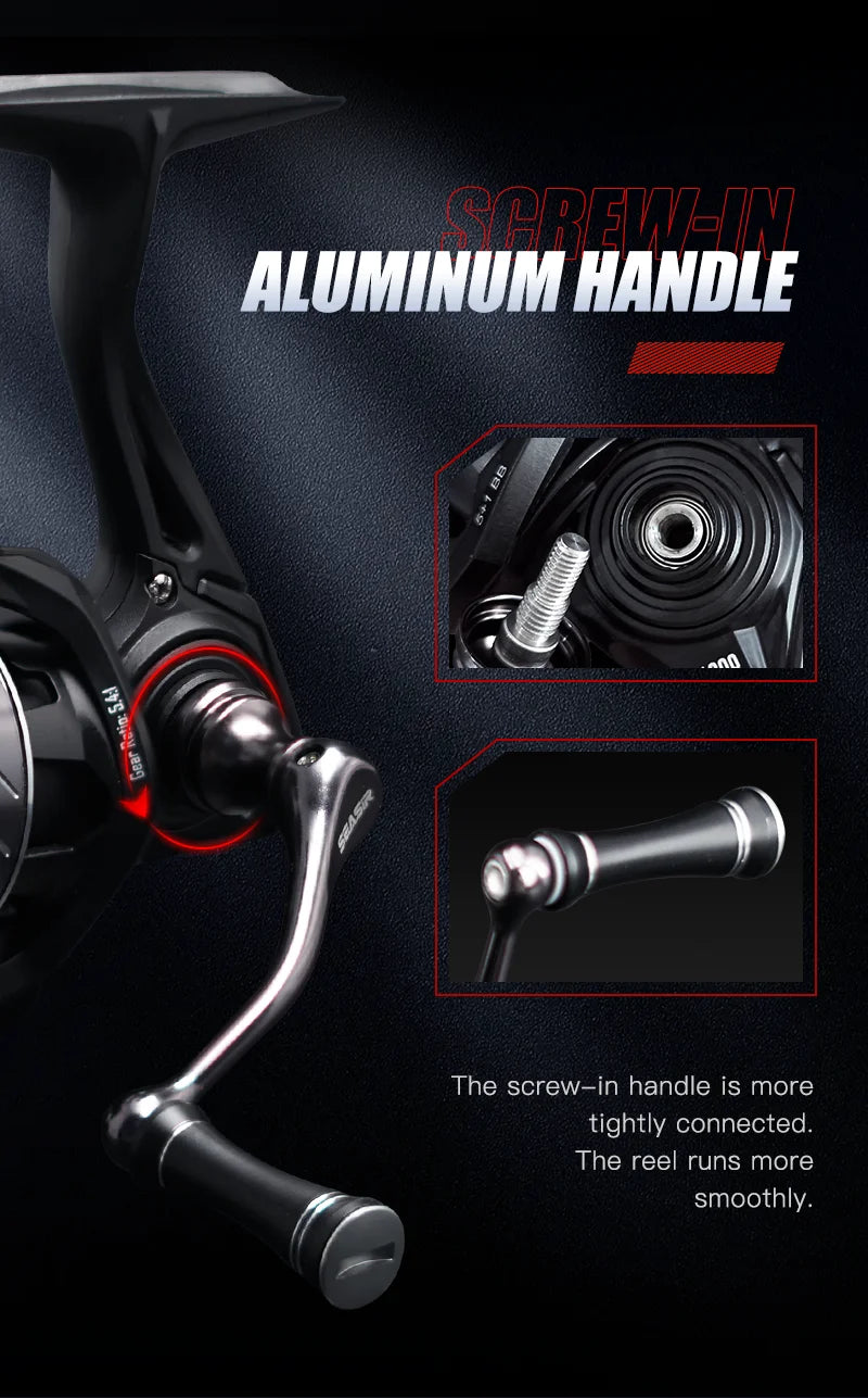 Close-up of spinning fishing reel with screw-in aluminum handle, detailed parts and text highlights.