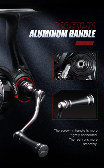 Close-up of spinning fishing reel with screw-in aluminum handle, detailed parts and text highlights.