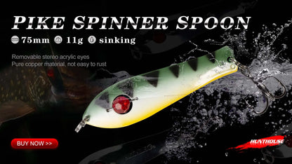 Pike spinner spoon fishing lure, 75mm, 11g, copper material, waterproof, treble hook design