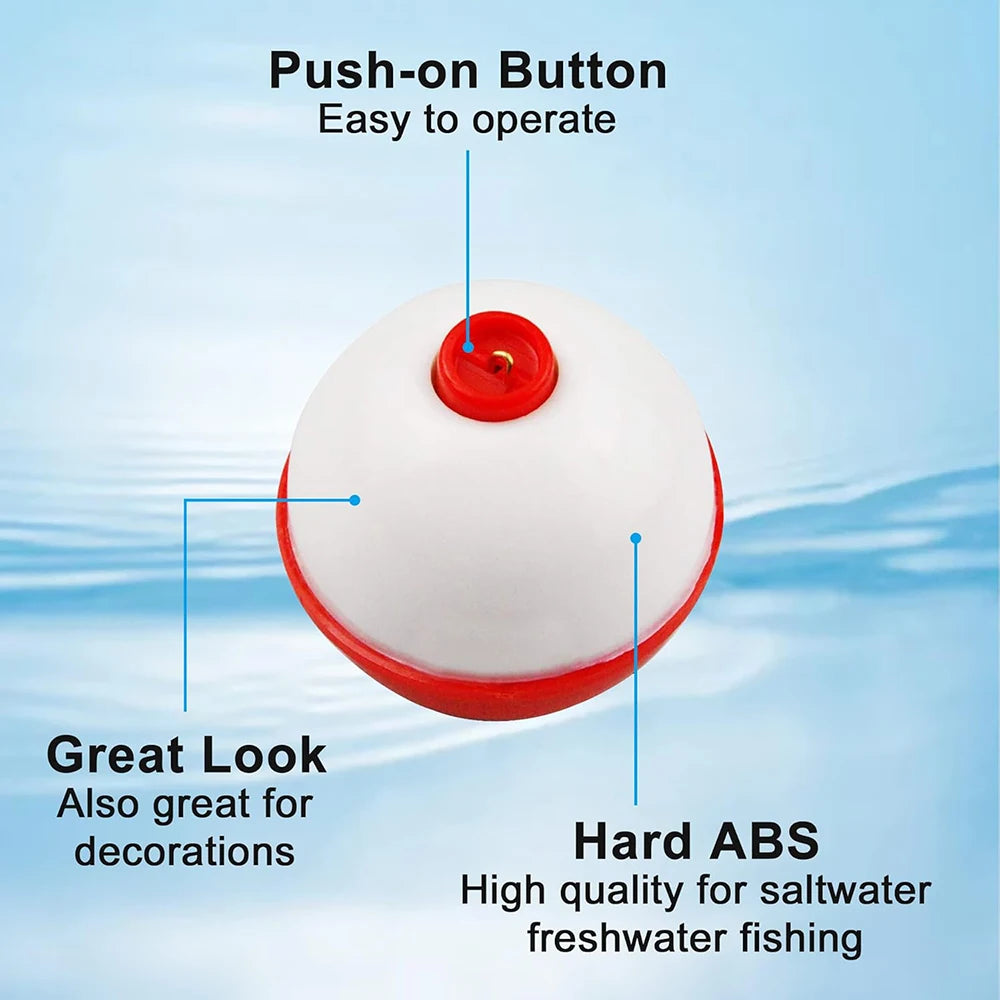 Red and white ABS fishing bobber with push-on button, suitable for saltwater and freshwater fishing.