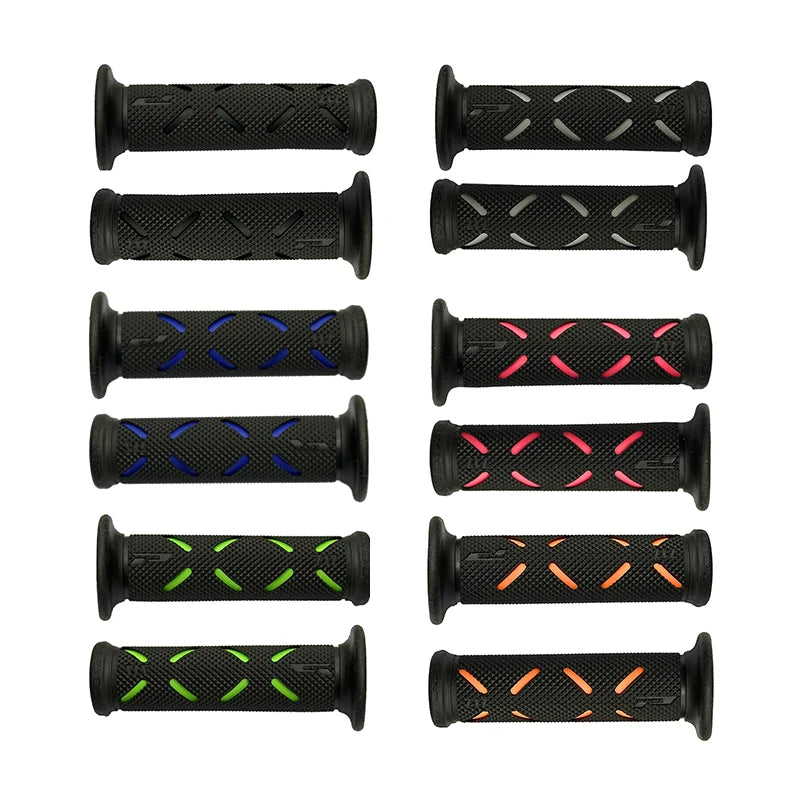Set of HookUpCo 22mm universal bike grips with textured rubber and diamond pattern in multiple colors.