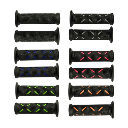 Set of HookUpCo 22mm universal bike grips with textured rubber and diamond pattern in multiple colors.