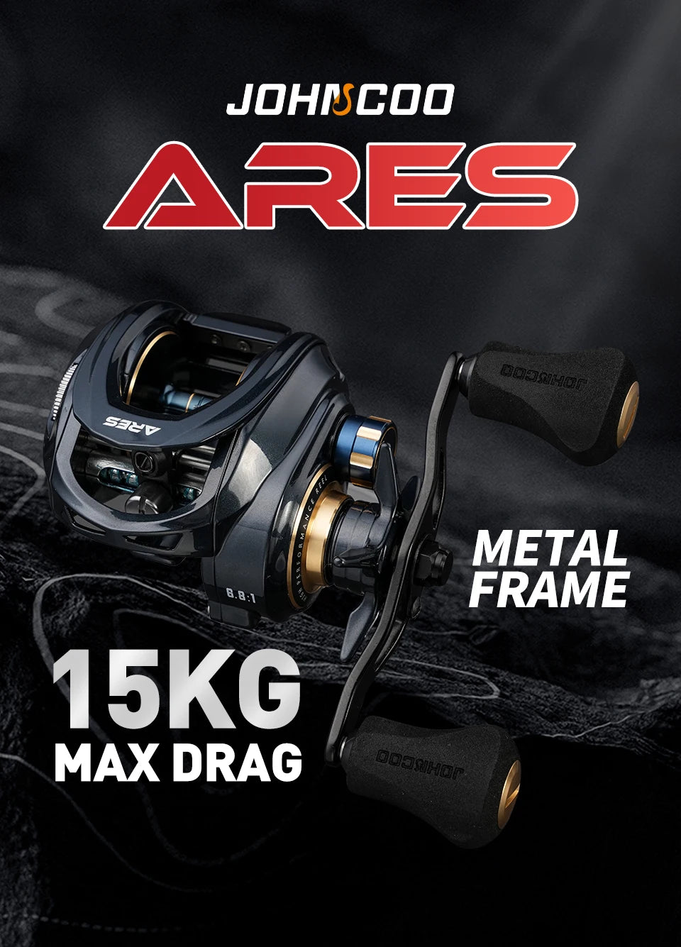 Baitcasting fishing reel with metal frame, 15kg max drag, black and gold design