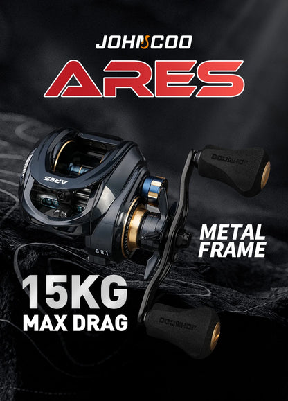 Baitcasting fishing reel with metal frame, 15kg max drag, black and gold design