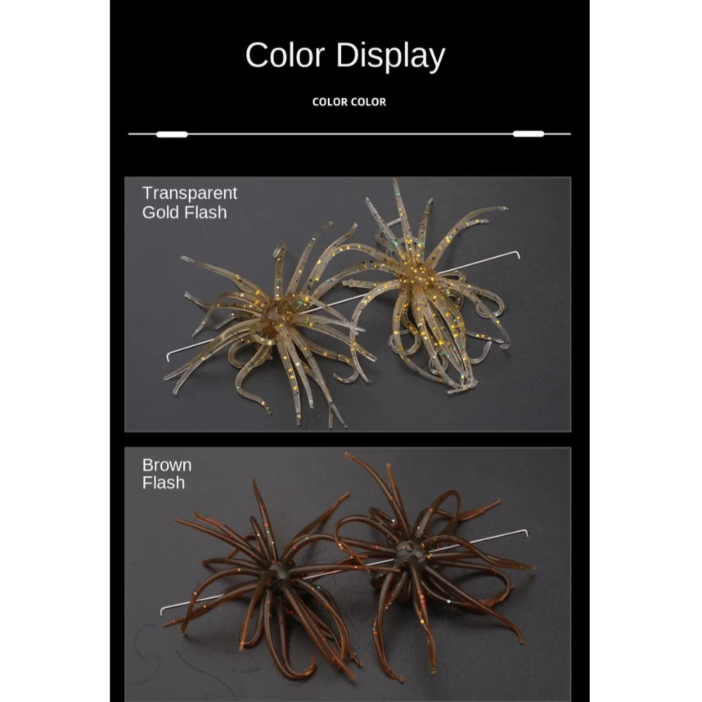 Two sets of spider-shaped fishing lures in gold flash and brown flash colors on dark background.