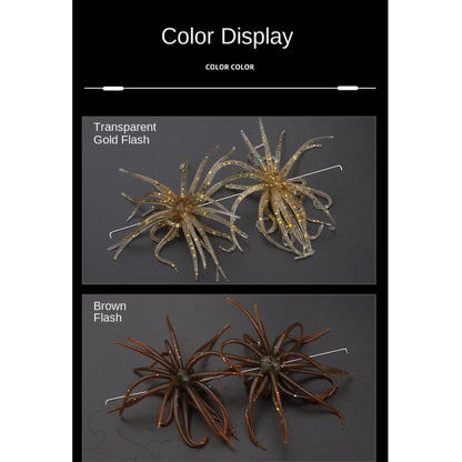 Two sets of spider-shaped fishing lures in gold flash and brown flash colors on dark background.