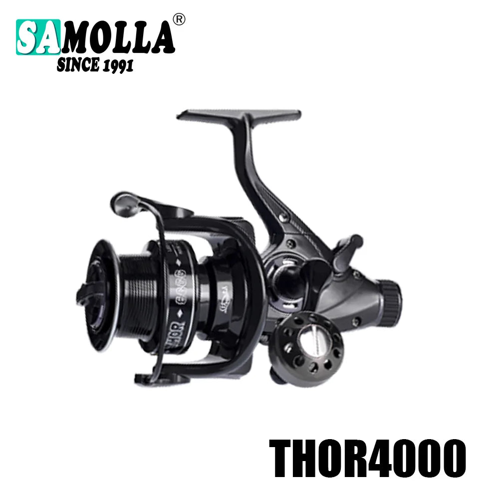 Black THOR4000 spinning fishing reel with durable metal body and ergonomic handle