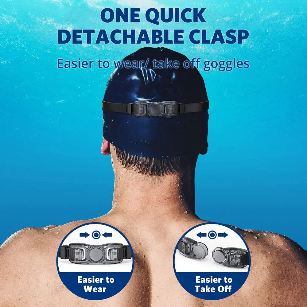 Black anti-fog UV swim goggles with clear lenses and adjustable strap on swimmer head in pool water.