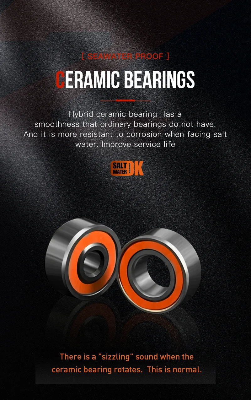 Two orange and silver hybrid ceramic bearings, seawater proof and corrosion resistant.