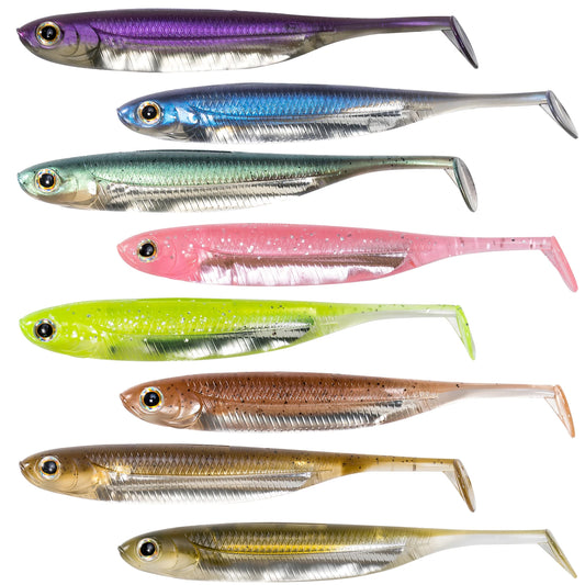 Eight colorful soft plastic fishing lures with paddle tails for fishing tackle collection