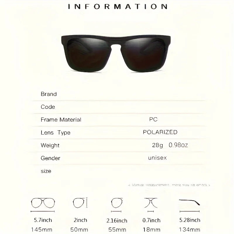 Sunglasses with specifications on a white background
