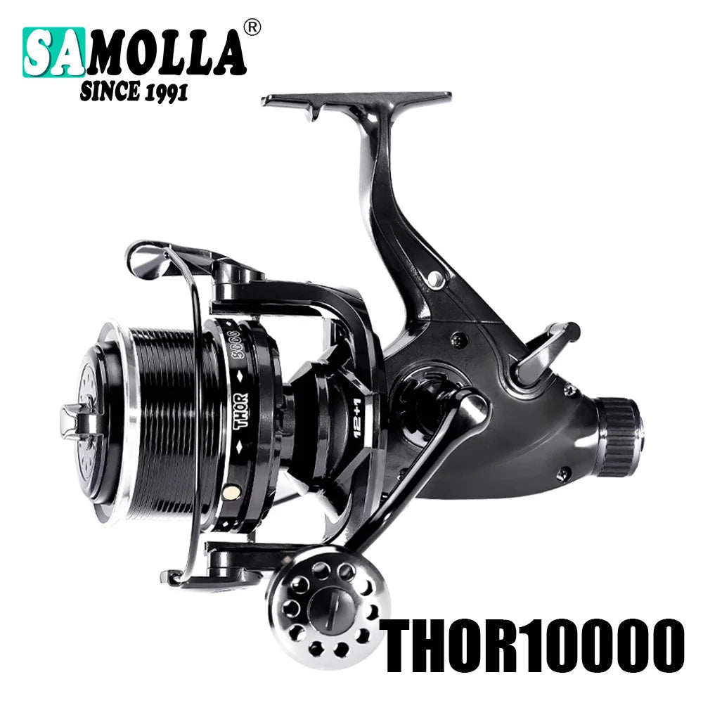 Black SAMOLLA THOR10000 fishing reel with metallic spool and handle, outdoor gear