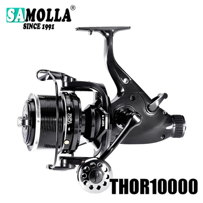 Black SAMOLLA THOR10000 fishing reel with metallic spool and handle, outdoor gear