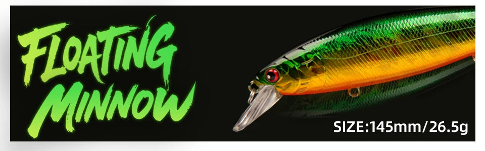 Green and orange floating minnow fishing lure, 145mm, 26.5g, with text on black background.