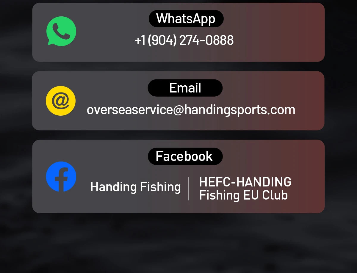 Contact information graphic showing WhatsApp number, email, and Facebook links for Handing Fishing.