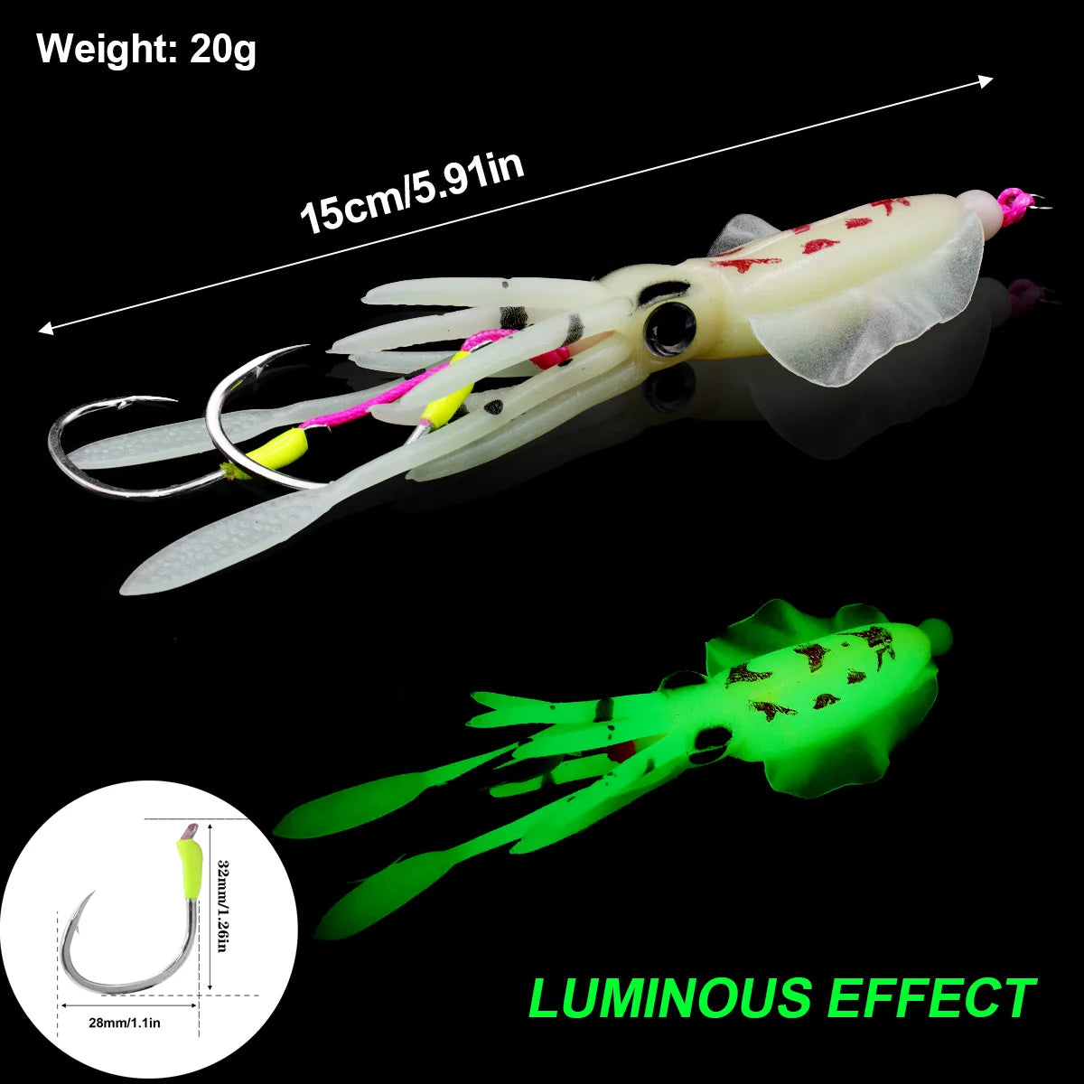 Luminous Squid Lures with Double Assist Hooks for Fishing
