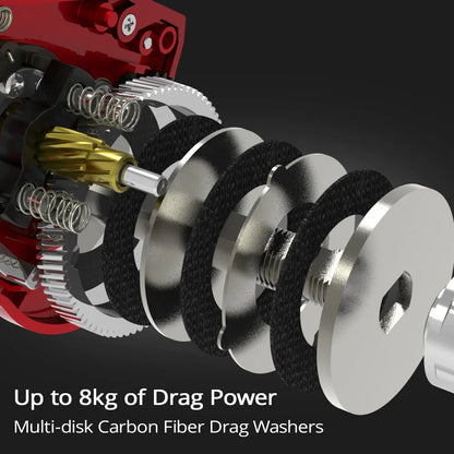 Fishing reel drag system with multi-disk carbon fiber drag washers and metal gears