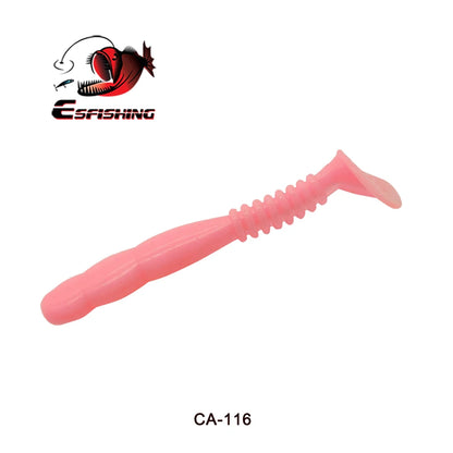 Pink soft plastic fishing lure with ribbed body and paddle tail, labeled CA-116