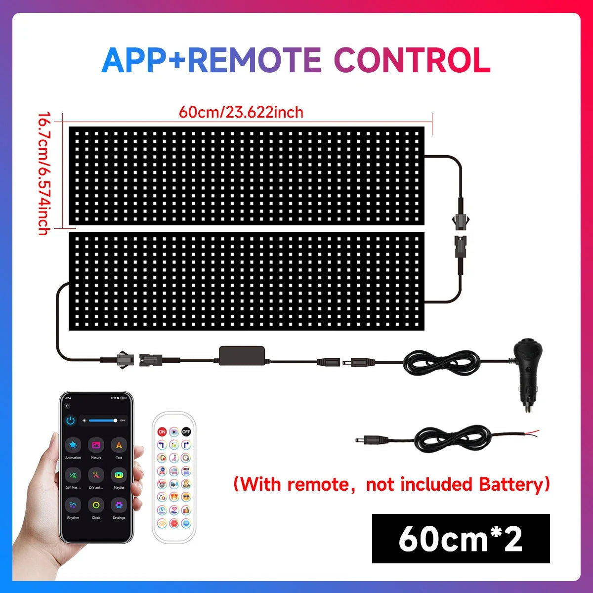 LED panel with app and remote control setup, including dimensions and accessories.