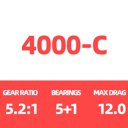 4000-C fishing reel specifications with 5.2:1 gear ratio, 5+1 bearings, 12.0 max drag