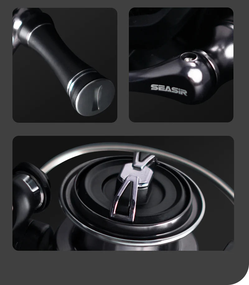 Close-up details of a black fishing reel handle and spool, metallic finish, SEASIR logo