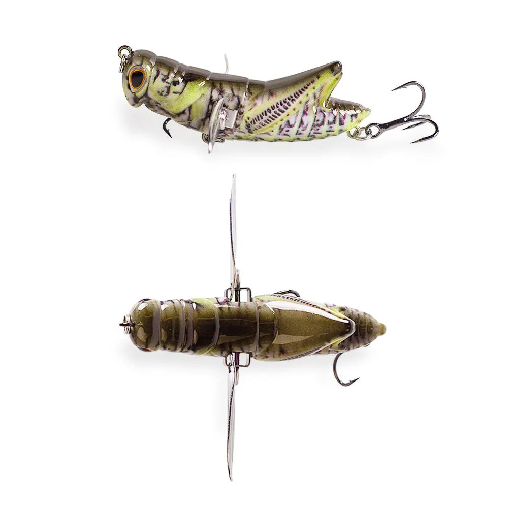 Realistic grasshopper fishing lure with jointed body, treble hooks, and vivid green pattern