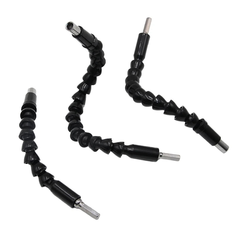 Black flexible drill bit extension on a white background