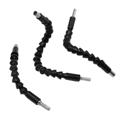 Black flexible drill bit extension on a white background