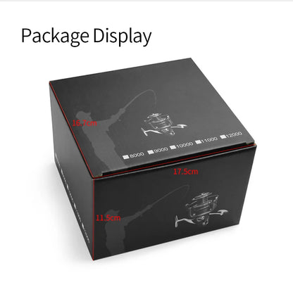 Black package box for fishing reel, with measurements and angler silhouette illustration