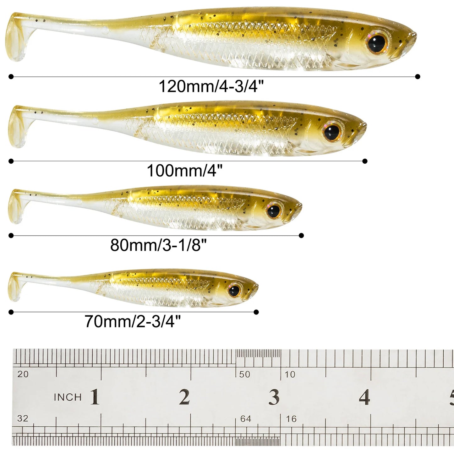 Four gold and silver soft plastic fishing lures in different sizes, with a ruler for scale.