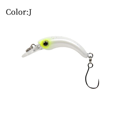 White and yellow fishing lure with curved body, single hook, and eye detail, color J.