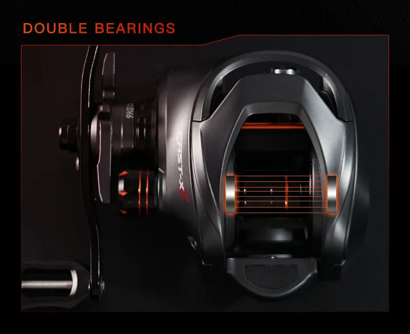 Close-up of a baitcasting fishing reel with double bearings and metallic finish