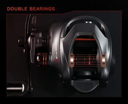 Close-up of a baitcasting fishing reel with double bearings and metallic finish