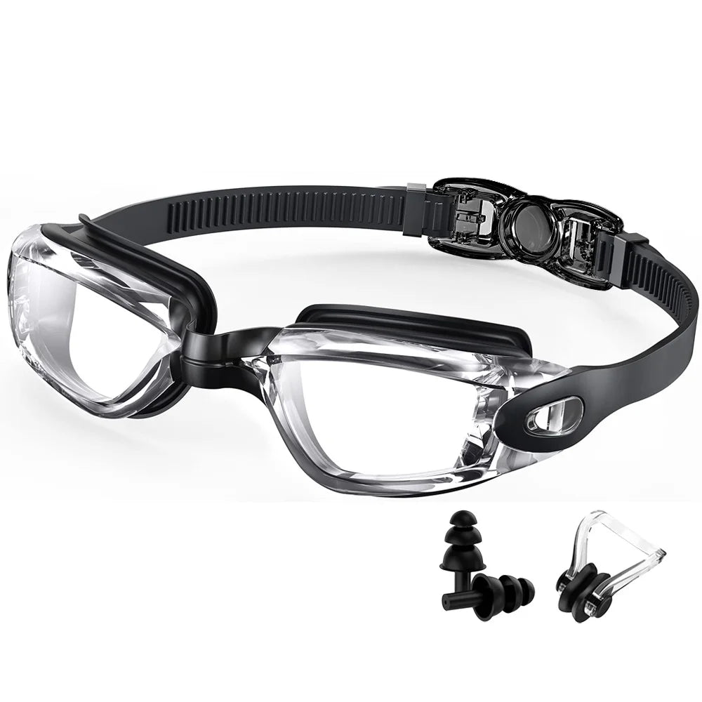 Black anti-fog UV swim goggles with clear curved lenses and adjustable strap.
