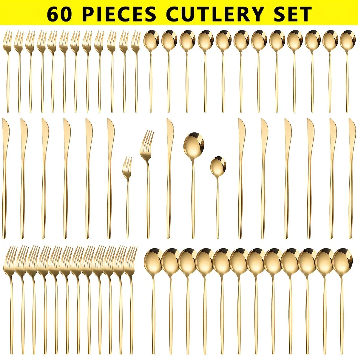 Luxe Golden Stainless Steel Cutlery Set - 60 Pieces, Dishwasher Safe