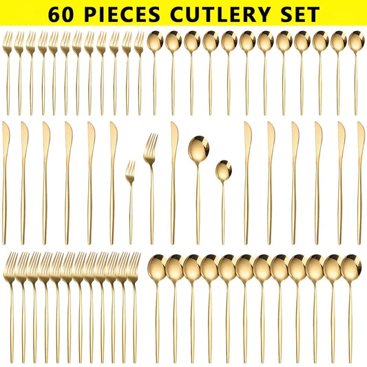 Luxe Golden Stainless Steel Cutlery Set - 60 Pieces, Dishwasher Safe