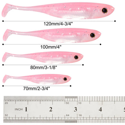Four pink soft plastic fishing lures in sizes 120mm, 100mm, 80mm, and 70mm with a ruler for scale