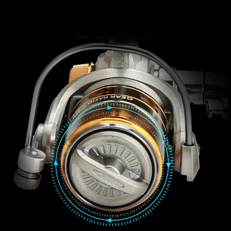 Close-up of a metallic fishing reel spool with orange accents on a black background