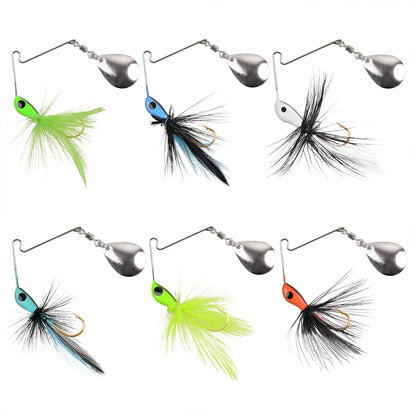 Assorted colorful spinnerbait fishing lures with feather skirts and metal blades on white background